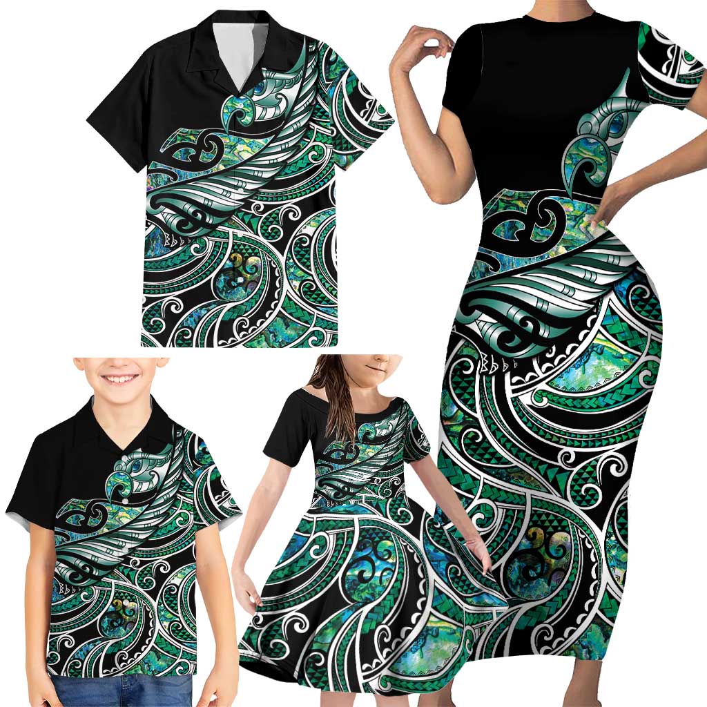 Maori Matariki - Manaia Family Matching Short Sleeve Bodycon Dress and Hawaiian Shirt Emerald Paua Shell LT7 - Polynesian Pride