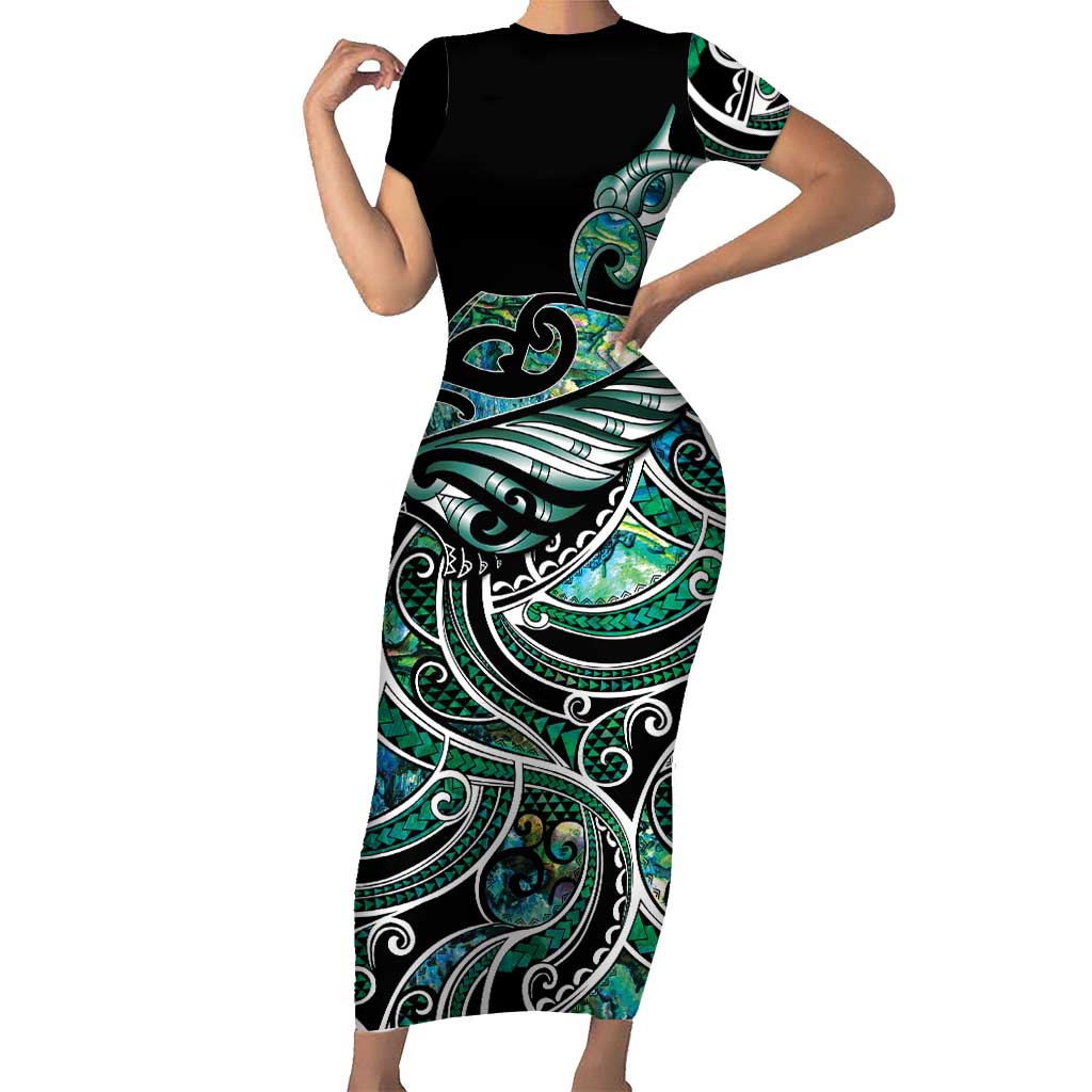 Maori Matariki - Manaia Family Matching Short Sleeve Bodycon Dress and Hawaiian Shirt Emerald Paua Shell LT7 Mom's Dress Green - Polynesian Pride