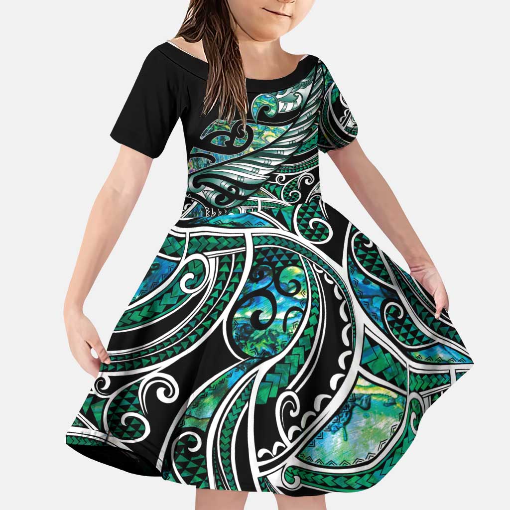 Maori Matariki - Manaia Family Matching Summer Maxi Dress and Hawaiian Shirt Emerald Paua Shell LT7 Daughter's Dress Green - Polynesian Pride