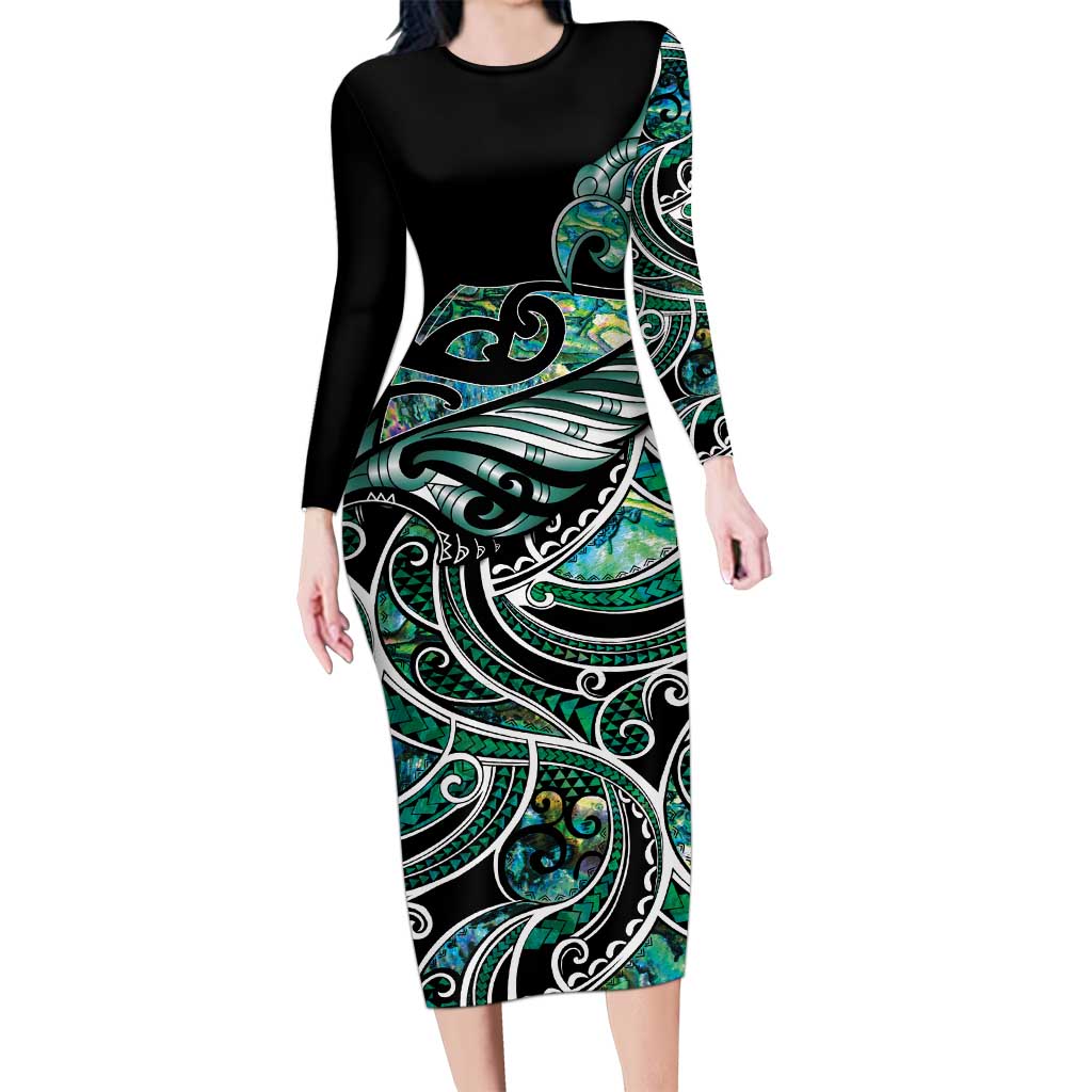 Maori Matariki - Manaia Long Sleeve Bodycon Dress Emerald Paua Shell LT7 Long Dress Green - Polynesian Pride