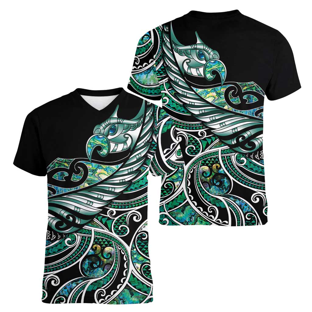 Maori Matariki - Manaia Women V-Neck T-Shirt Emerald Paua Shell