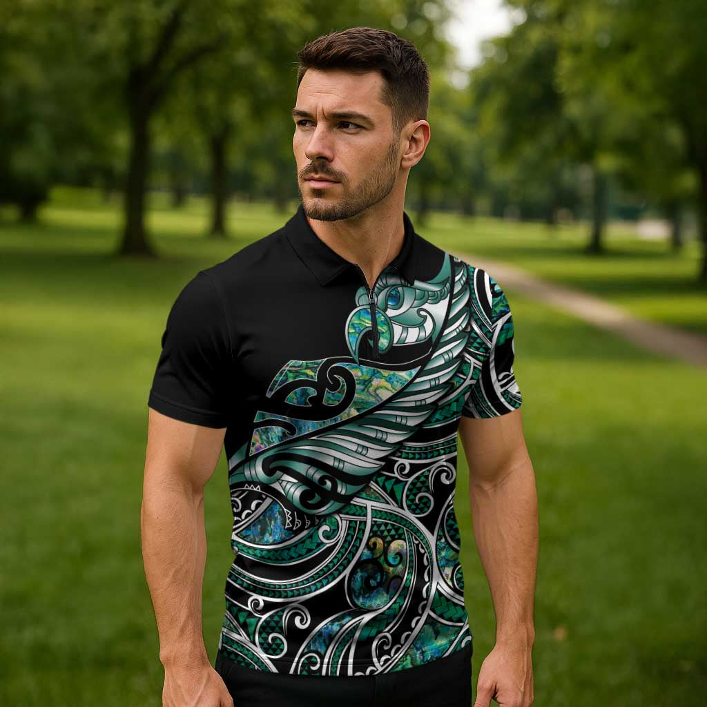Maori Matariki - Manaia Zipper Polo Shirt Emerald Paua Shell LT7 - Polynesian Pride