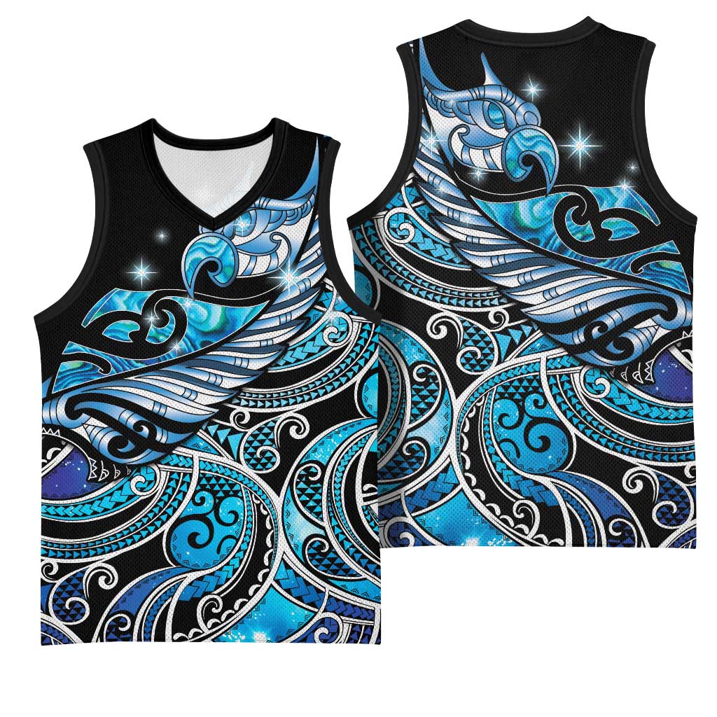 Maori Matariki - Manaia Basketball Jersey Galaxy Blue Paua Shell