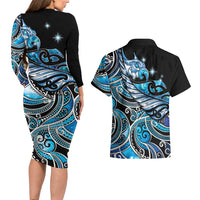 Maori Matariki - Manaia Couples Matching Long Sleeve Bodycon Dress and Hawaiian Shirt Galaxy Blue Paua Shell LT7 - Polynesian Pride