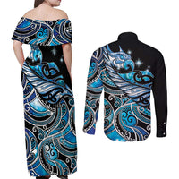 Maori Matariki - Manaia Couples Matching Off Shoulder Maxi Dress and Long Sleeve Button Shirt Galaxy Blue Paua Shell