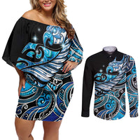 Maori Matariki - Manaia Couples Matching Off Shoulder Short Dress and Long Sleeve Button Shirt Galaxy Blue Paua Shell