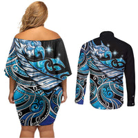 Maori Matariki - Manaia Couples Matching Off Shoulder Short Dress and Long Sleeve Button Shirt Galaxy Blue Paua Shell