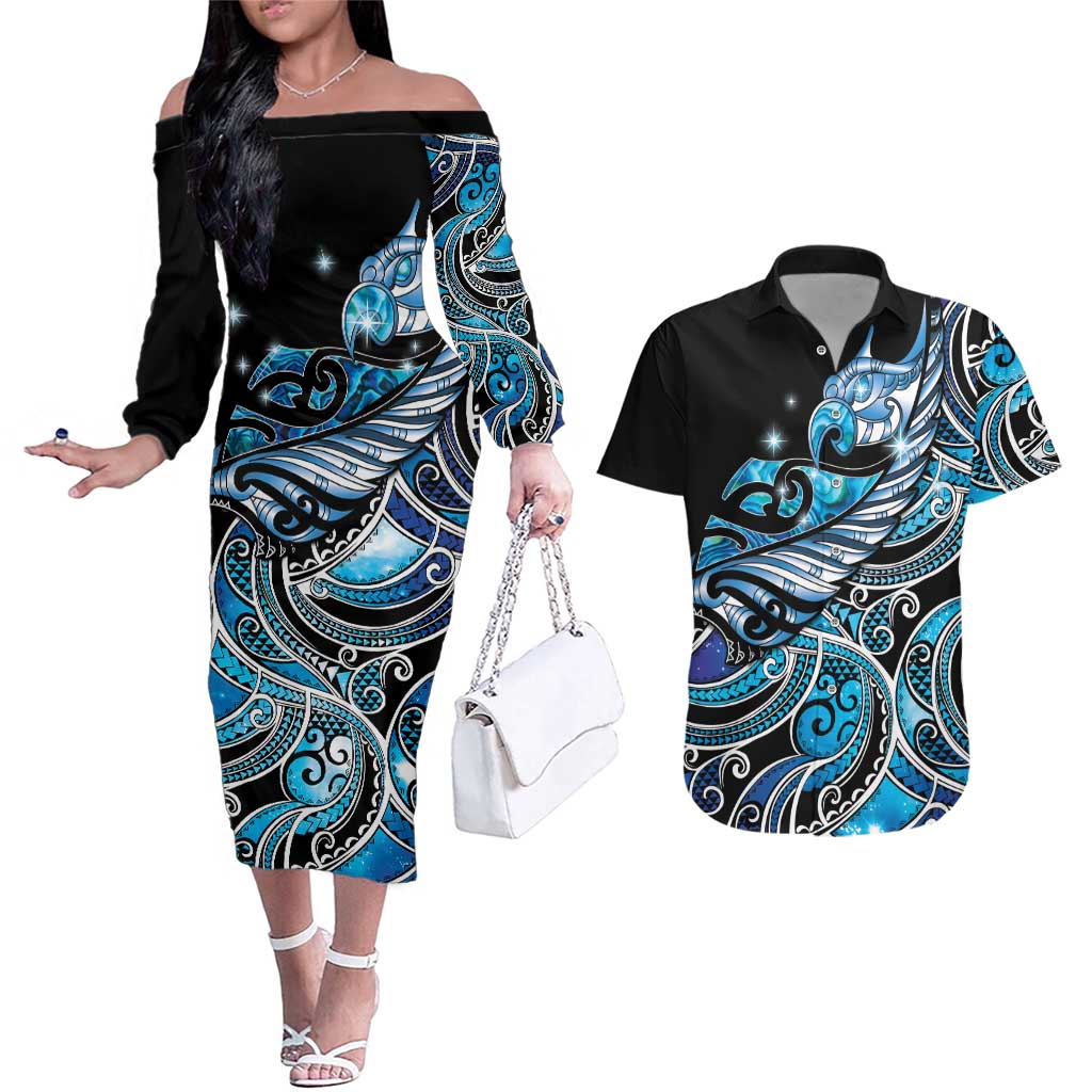 Maori Matariki - Manaia Couples Matching Off The Shoulder Long Sleeve Dress and Hawaiian Shirt Galaxy Blue Paua Shell