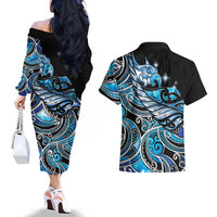Maori Matariki - Manaia Couples Matching Off The Shoulder Long Sleeve Dress and Hawaiian Shirt Galaxy Blue Paua Shell LT7 - Polynesian Pride