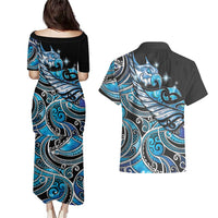 Maori Matariki - Manaia Couples Matching Puletasi and Hawaiian Shirt Galaxy Blue Paua Shell