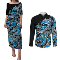 Maori Matariki - Manaia Couples Matching Puletasi and Long Sleeve Button Shirt Galaxy Blue Paua Shell