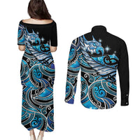 Maori Matariki - Manaia Couples Matching Puletasi and Long Sleeve Button Shirt Galaxy Blue Paua Shell