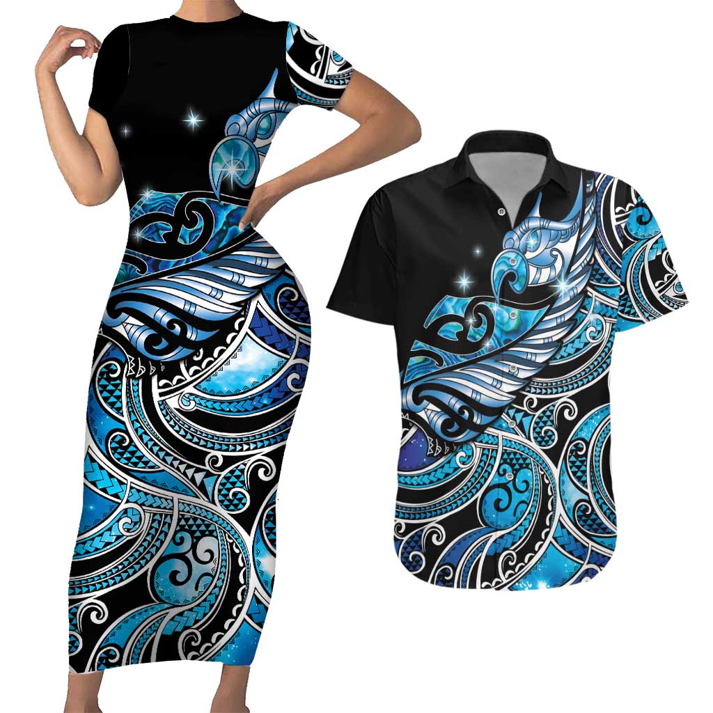 Maori Matariki - Manaia Couples Matching Short Sleeve Bodycon Dress and Hawaiian Shirt Galaxy Blue Paua Shell LT7 Blue - Polynesian Pride