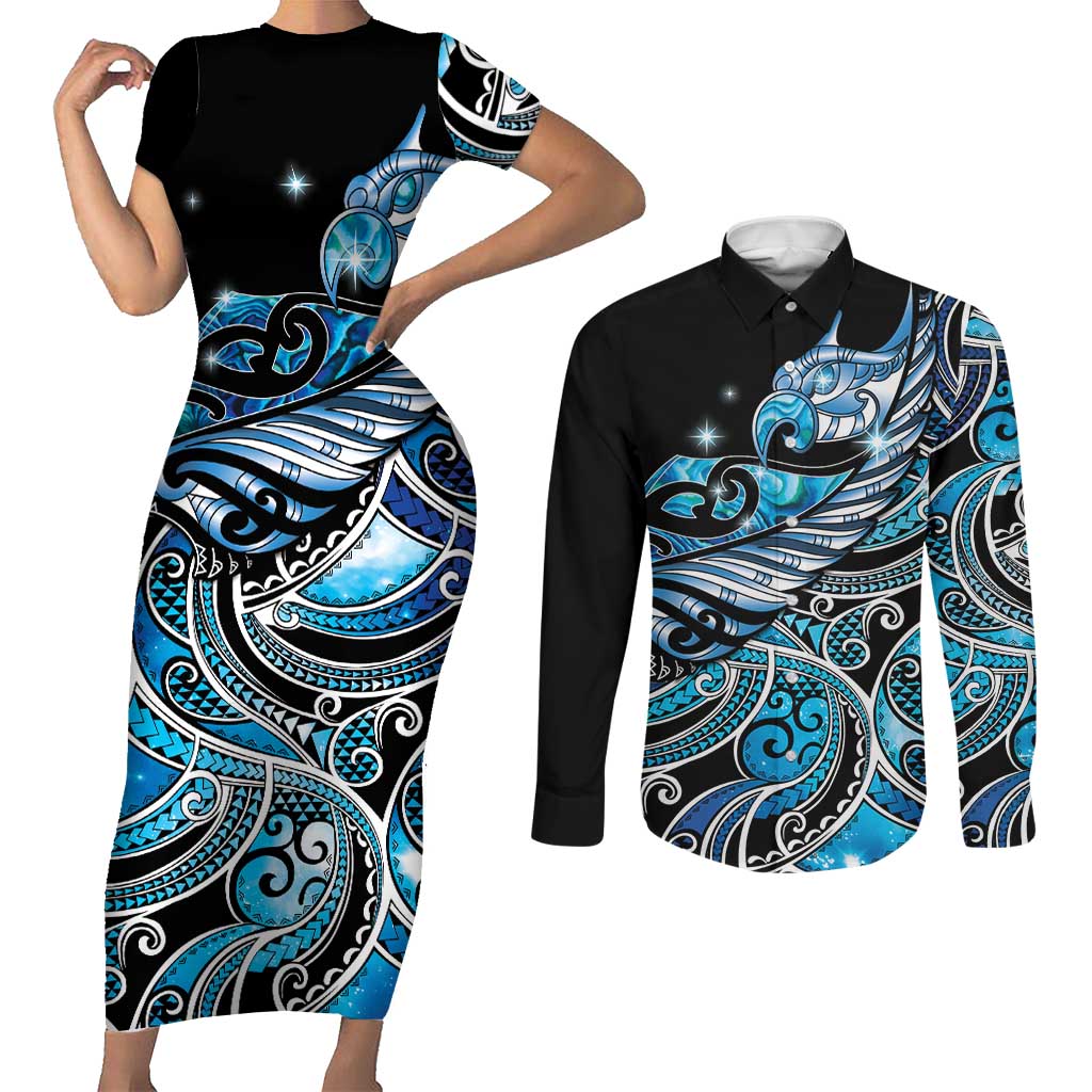 Maori Matariki - Manaia Couples Matching Short Sleeve Bodycon Dress and Long Sleeve Button Shirt Galaxy Blue Paua Shell