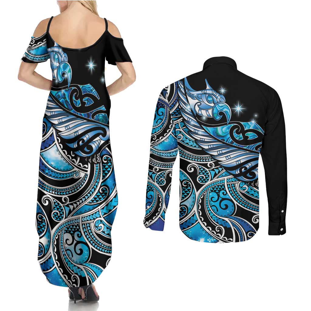 Maori Matariki - Manaia Couples Matching Summer Maxi Dress and Long Sleeve Button Shirt Galaxy Blue Paua Shell