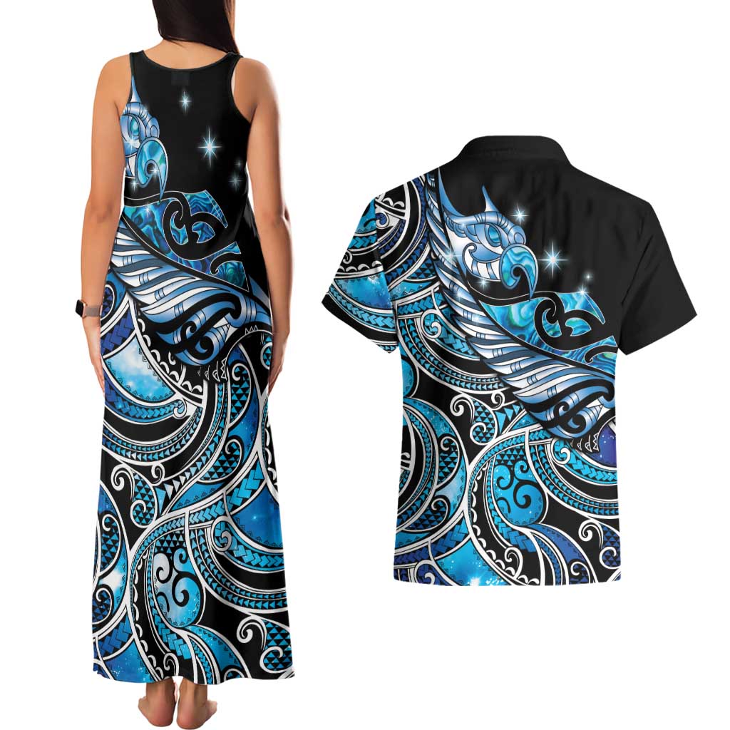 Maori Matariki - Manaia Couples Matching Tank Maxi Dress and Hawaiian Shirt Galaxy Blue Paua Shell
