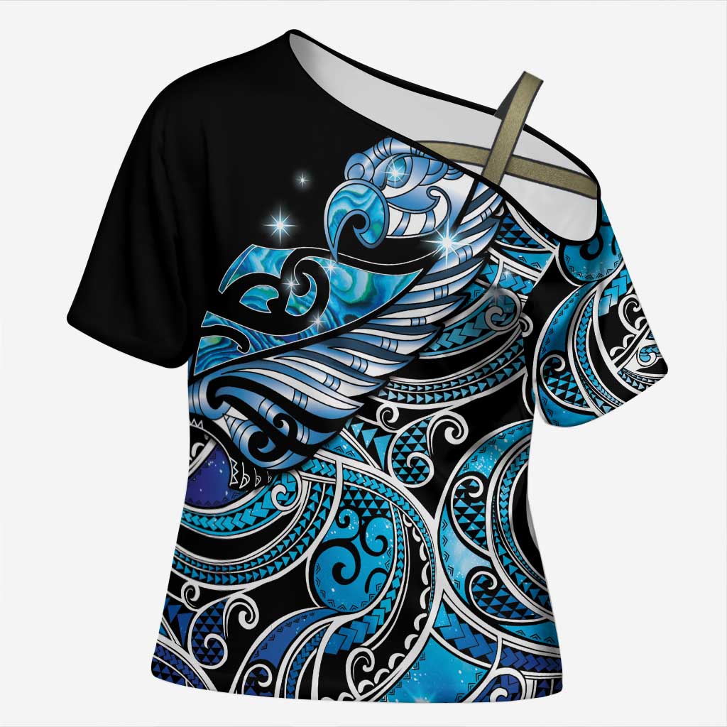Maori Matariki - Manaia Cross Shoulder Shirt Galaxy Blue Paua Shell LT7 Female Blue - Polynesian Pride
