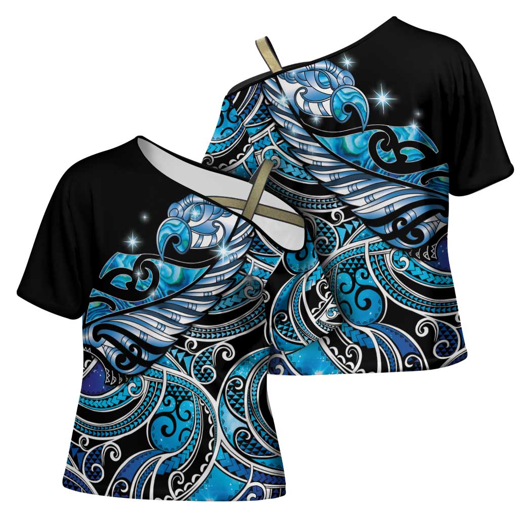 Maori Matariki - Manaia Cross Shoulder Shirt Galaxy Blue Paua Shell LT7 - Polynesian Pride
