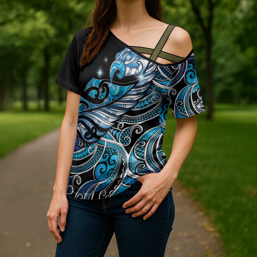 Maori Matariki - Manaia Cross Shoulder Shirt Galaxy Blue Paua Shell LT7 - Polynesian Pride