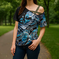 Maori Matariki - Manaia Cross Shoulder Shirt Galaxy Blue Paua Shell LT7 - Polynesian Pride