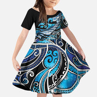 Maori Matariki - Manaia Family Matching Mermaid Dress and Hawaiian Shirt Galaxy Blue Paua Shell LT7 Daughter's Dress Blue - Polynesian Pride