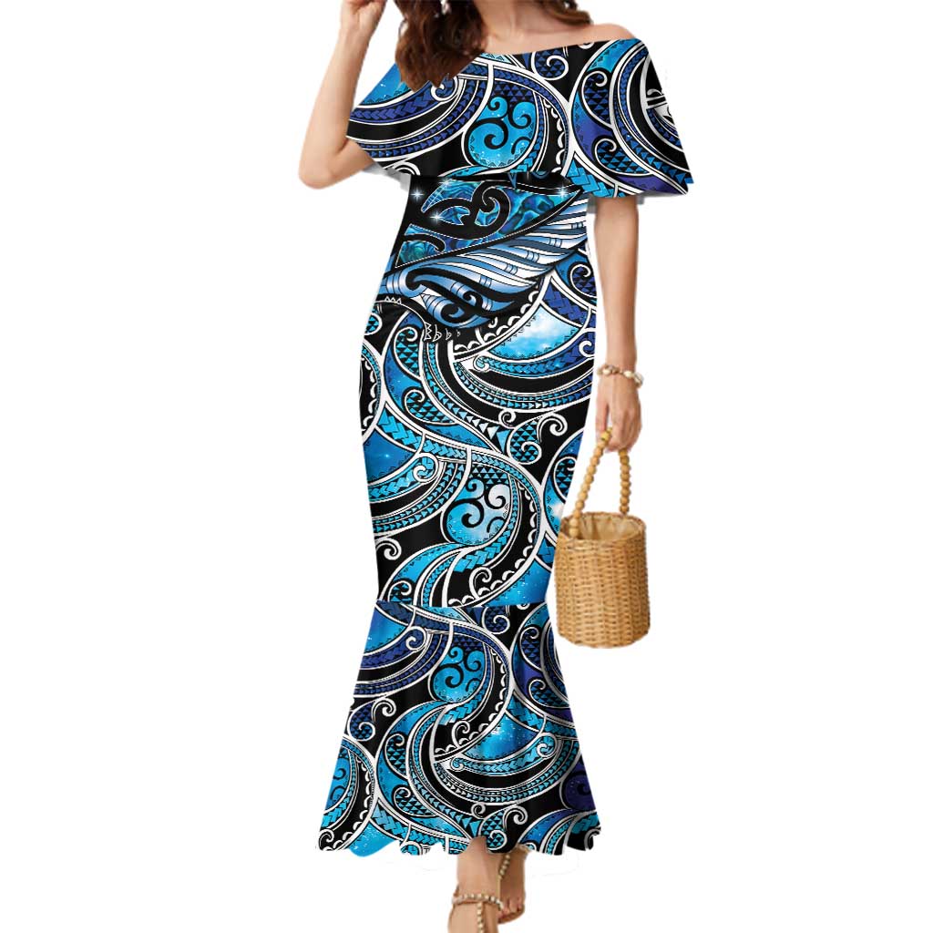 Maori Matariki - Manaia Family Matching Mermaid Dress and Hawaiian Shirt Galaxy Blue Paua Shell LT7 Mom's Dress Blue - Polynesian Pride