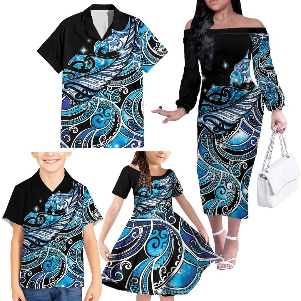 Maori Matariki - Manaia Family Matching Off The Shoulder Long Sleeve Dress and Hawaiian Shirt Galaxy Blue Paua Shell LT7 - Polynesian Pride