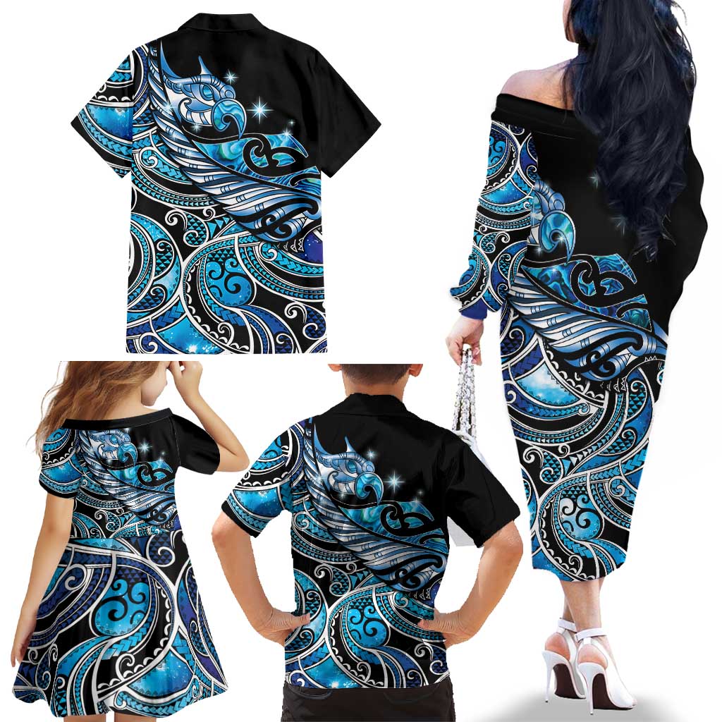 Maori Matariki - Manaia Family Matching Off The Shoulder Long Sleeve Dress and Hawaiian Shirt Galaxy Blue Paua Shell LT7 - Polynesian Pride