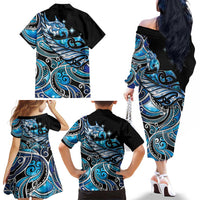 Maori Matariki - Manaia Family Matching Off The Shoulder Long Sleeve Dress and Hawaiian Shirt Galaxy Blue Paua Shell LT7 - Polynesian Pride