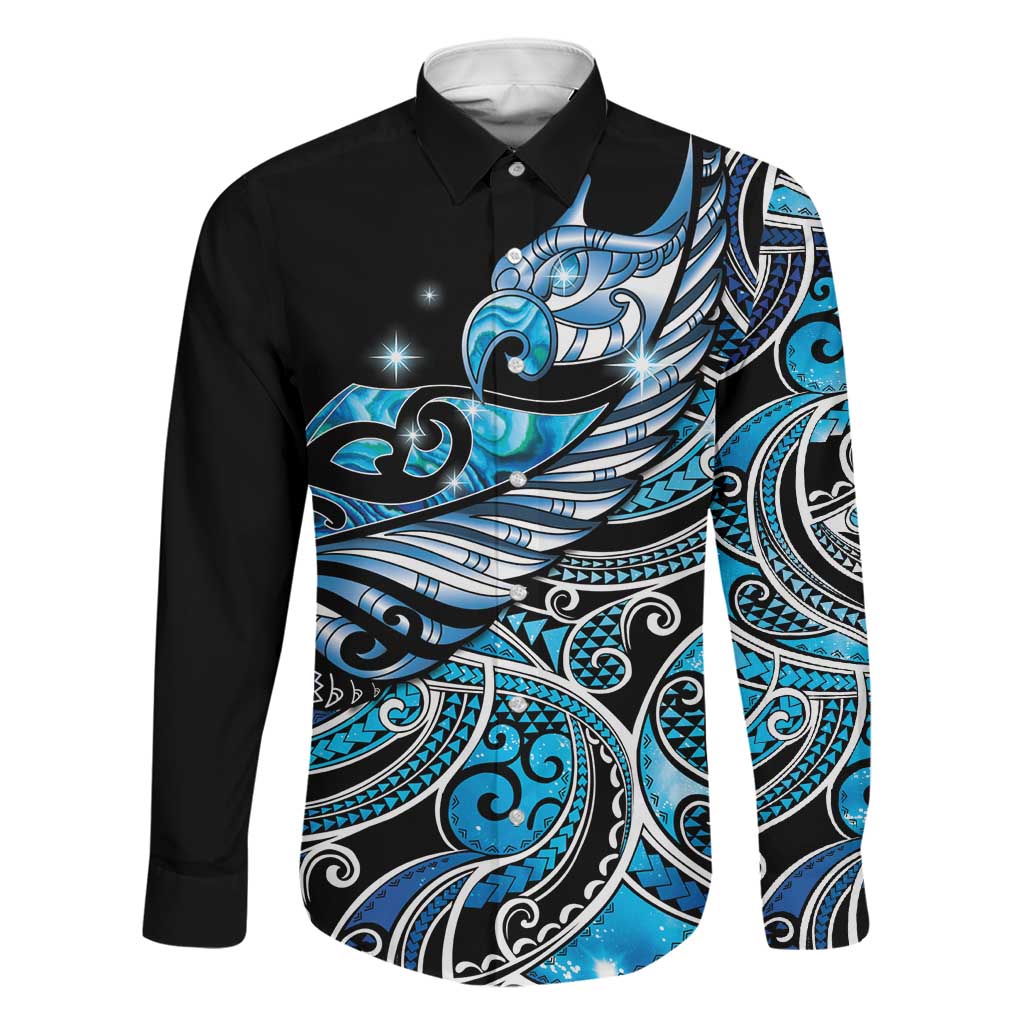 Maori Matariki - Manaia Family Matching Off The Shoulder Long Sleeve Dress and Hawaiian Shirt Galaxy Blue Paua Shell LT7 Dad's Shirt - Long Sleeve Blue - Polynesian Pride