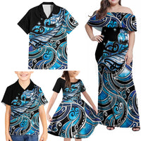 Maori Matariki - Manaia Family Matching Off Shoulder Maxi Dress and Hawaiian Shirt Galaxy Blue Paua Shell LT7 - Polynesian Pride