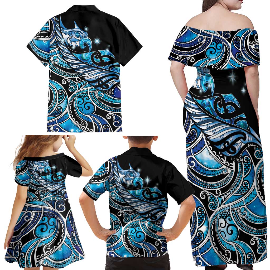 Maori Matariki - Manaia Family Matching Off Shoulder Maxi Dress and Hawaiian Shirt Galaxy Blue Paua Shell LT7 - Polynesian Pride