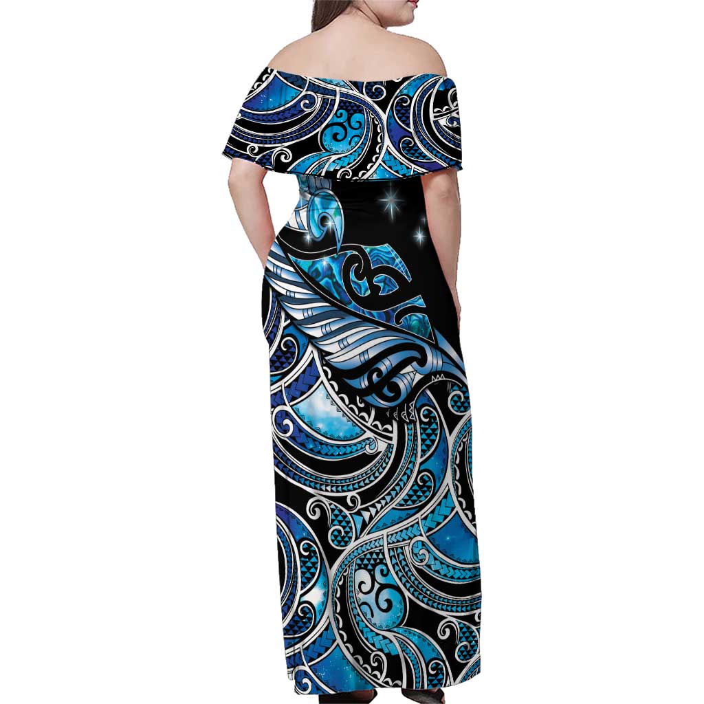 Maori Matariki - Manaia Family Matching Off Shoulder Maxi Dress and Hawaiian Shirt Galaxy Blue Paua Shell LT7 - Polynesian Pride