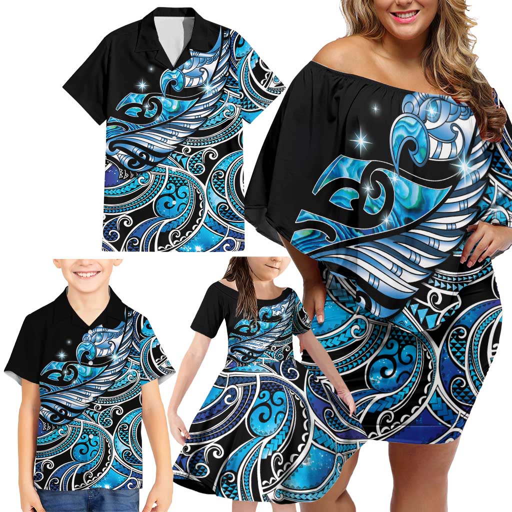 Maori Matariki - Manaia Family Matching Off Shoulder Short Dress and Hawaiian Shirt Galaxy Blue Paua Shell LT7 - Polynesian Pride
