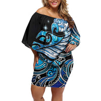 Maori Matariki - Manaia Family Matching Off Shoulder Short Dress and Hawaiian Shirt Galaxy Blue Paua Shell LT7 Mom's Dress Blue - Polynesian Pride