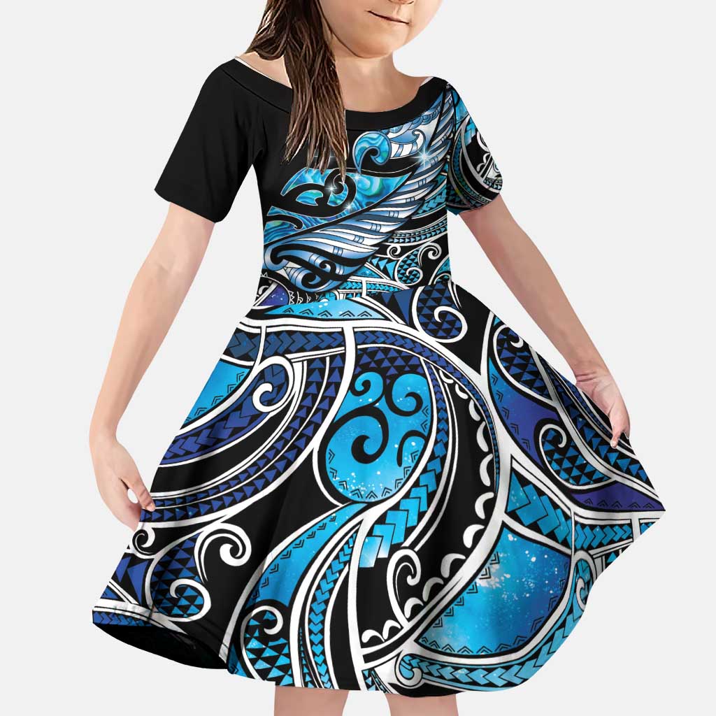 Maori Matariki - Manaia Family Matching Puletasi and Hawaiian Shirt Galaxy Blue Paua Shell LT7 Daughter's Dress Blue - Polynesian Pride