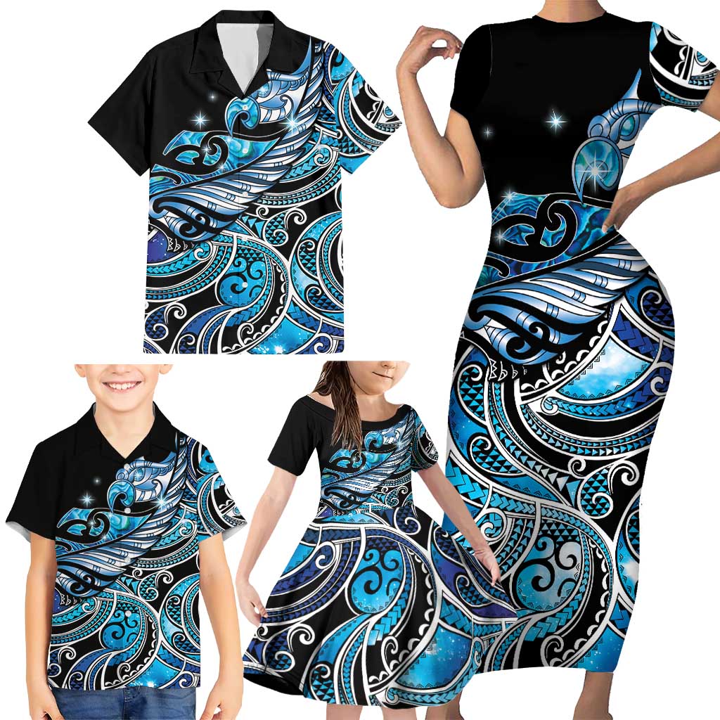 Maori Matariki - Manaia Family Matching Short Sleeve Bodycon Dress and Hawaiian Shirt Galaxy Blue Paua Shell LT7 - Polynesian Pride