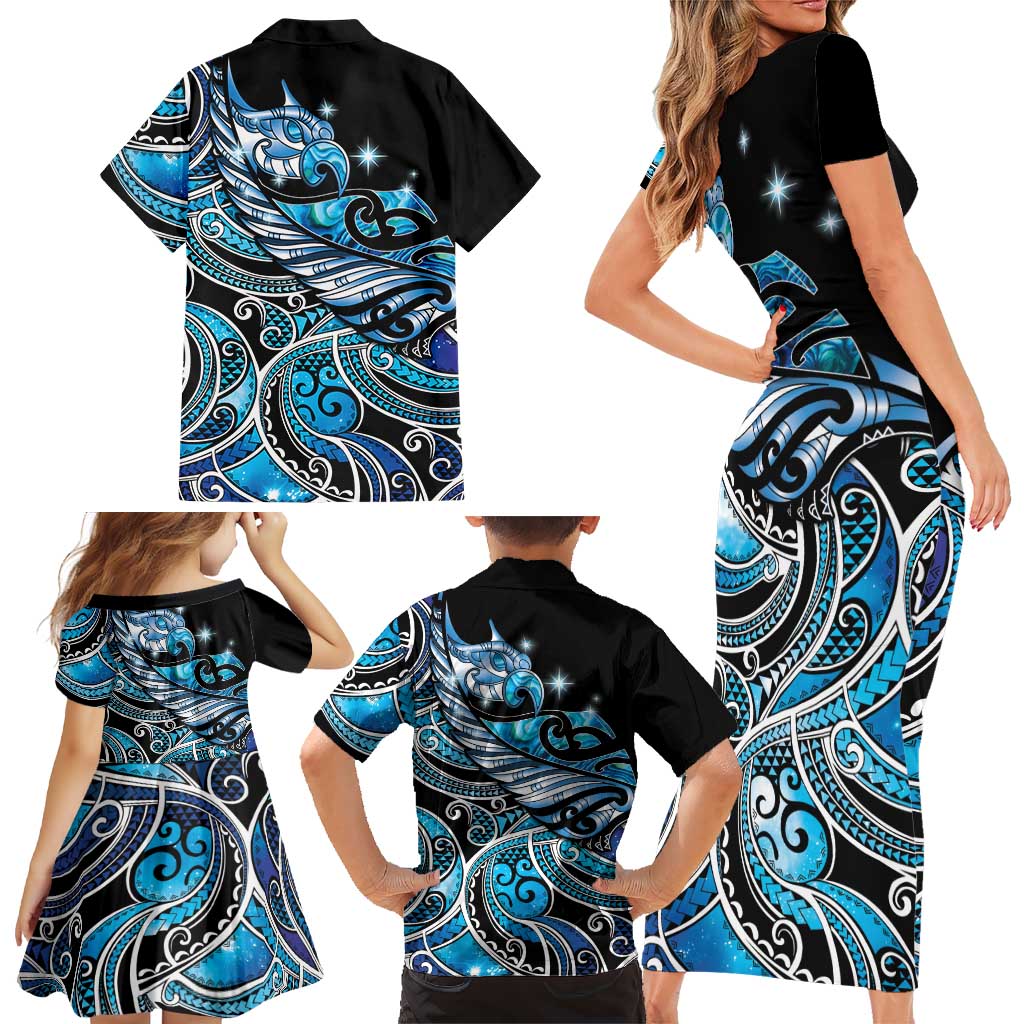 Maori Matariki - Manaia Family Matching Short Sleeve Bodycon Dress and Hawaiian Shirt Galaxy Blue Paua Shell LT7 - Polynesian Pride