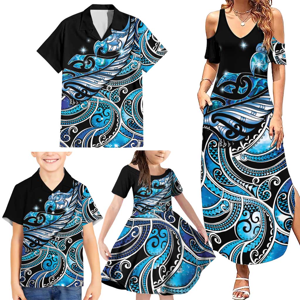 Maori Matariki - Manaia Family Matching Summer Maxi Dress and Hawaiian Shirt Galaxy Blue Paua Shell LT7 - Polynesian Pride
