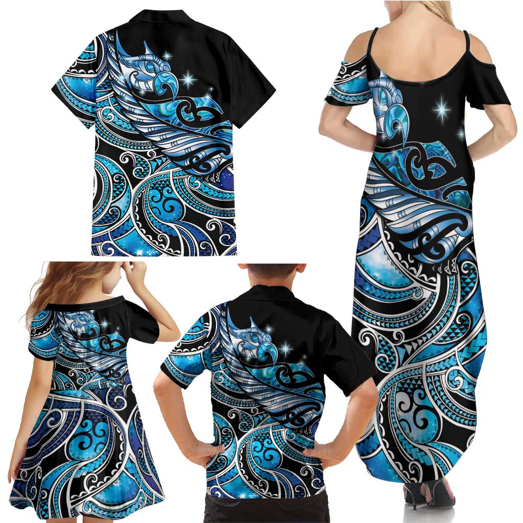 Maori Matariki - Manaia Family Matching Summer Maxi Dress and Hawaiian Shirt Galaxy Blue Paua Shell LT7 - Polynesian Pride