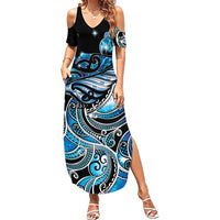 Maori Matariki - Manaia Family Matching Summer Maxi Dress and Hawaiian Shirt Galaxy Blue Paua Shell LT7 Mom's Dress Blue - Polynesian Pride