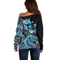Maori Matariki - Manaia Off Shoulder Sweater Galaxy Blue Paua Shell