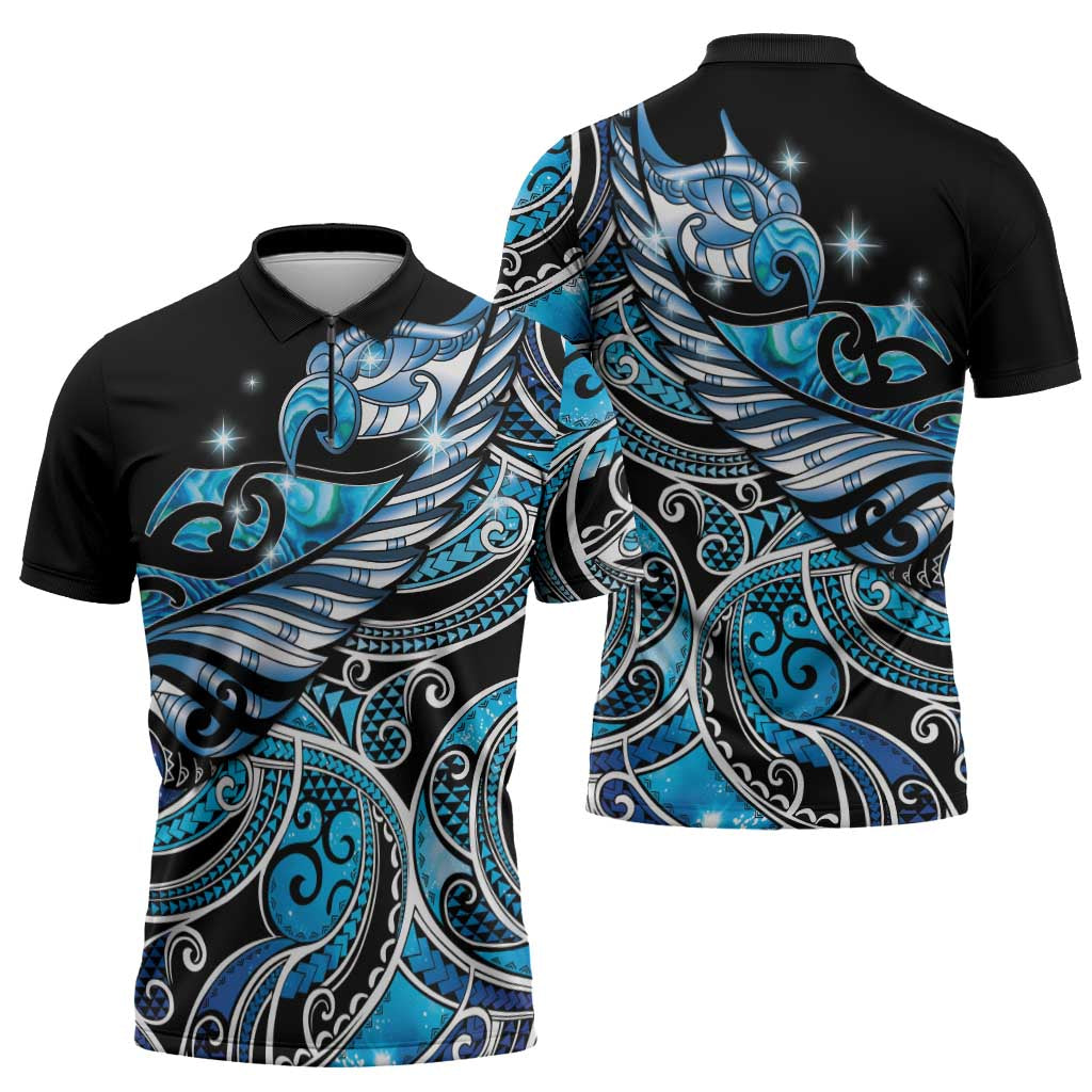 Maori Matariki - Manaia Zipper Polo Shirt Galaxy Blue Paua Shell