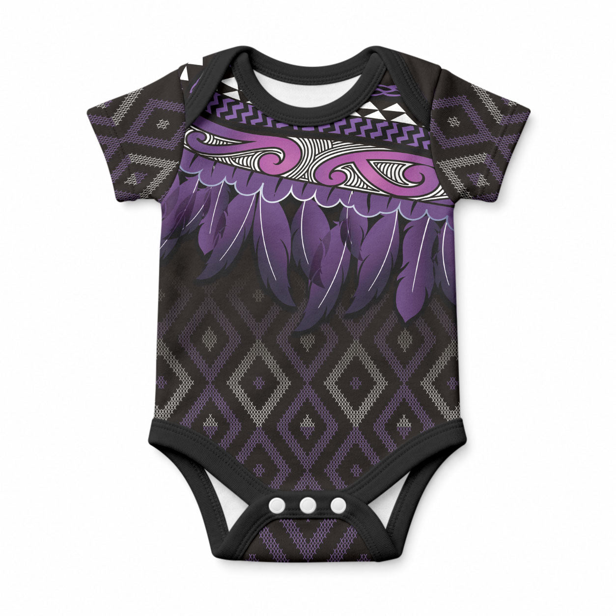 Aotearoa Maori Ngati Porou Iwi Baby Onesie Korowai Tukutuku Kaokao Motifs LT7 Purple - Polynesian Pride