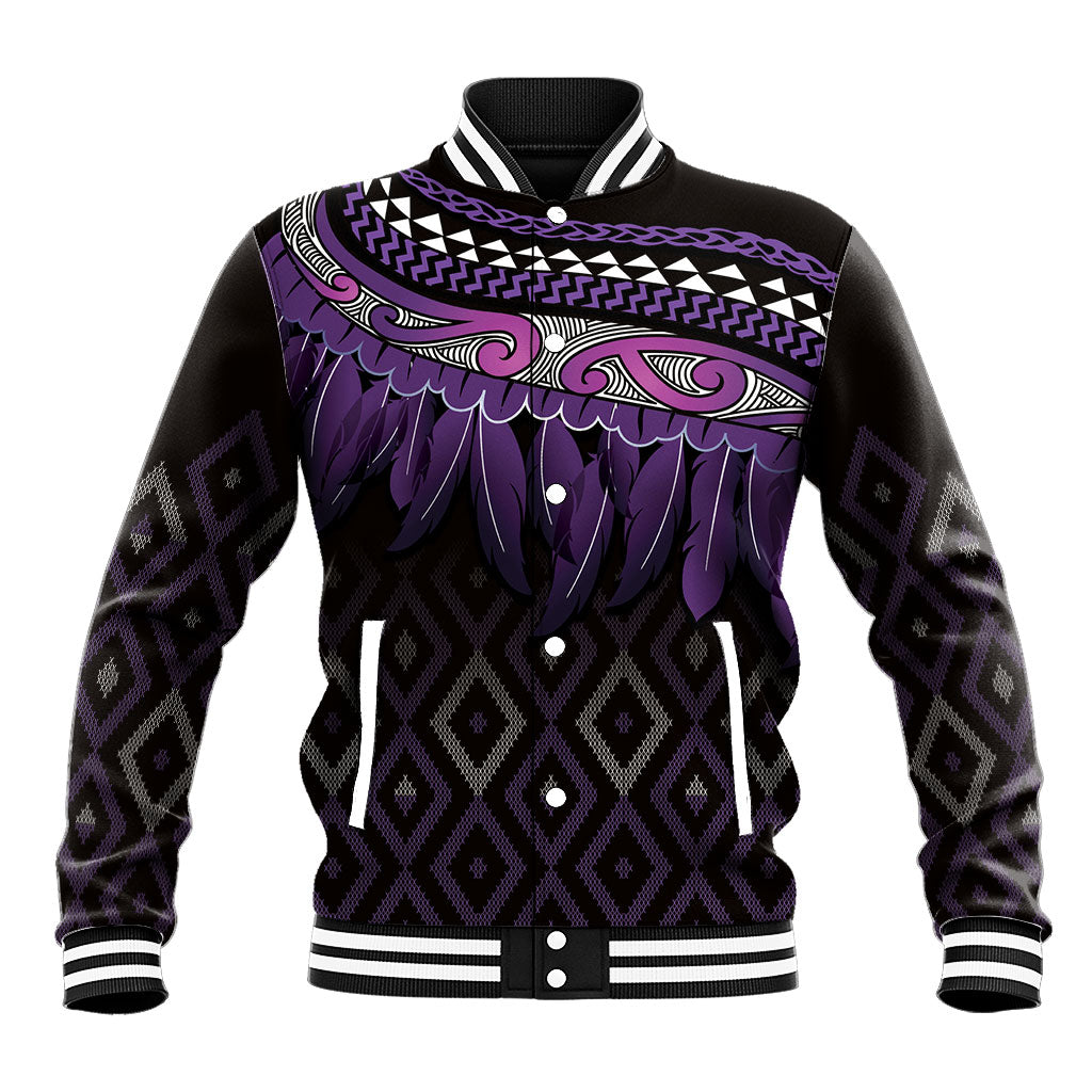 Aotearoa Maori Ngati Porou Iwi Baseball Jacket Korowai Tukutuku Kaokao Motifs LT7 Unisex Purple - Polynesian Pride