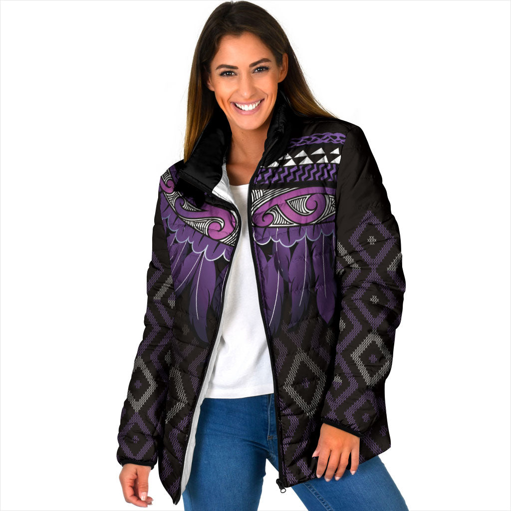Aotearoa Maori Ngati Porou Iwi Padded Jacket Korowai Tukutuku Kaokao Motifs LT7 Women Purple - Polynesian Pride