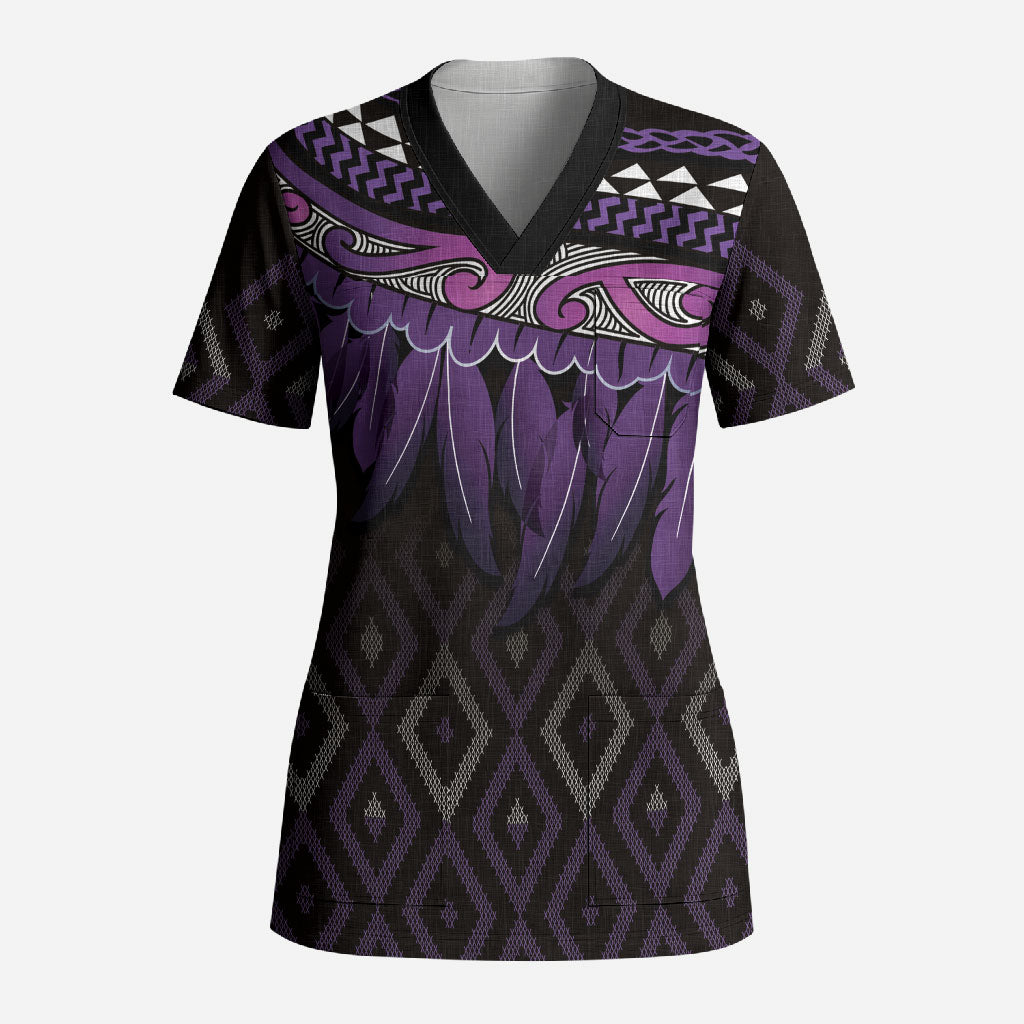 Aotearoa Maori Ngati Porou Iwi Scrub Top Korowai Tukutuku Kaokao Motifs LT7 Adult Purple - Polynesian Pride