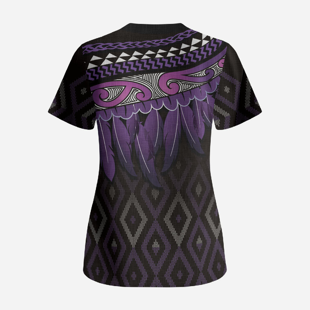 Aotearoa Maori Ngati Porou Iwi Scrub Top Korowai Tukutuku Kaokao Motifs LT7 - Polynesian Pride