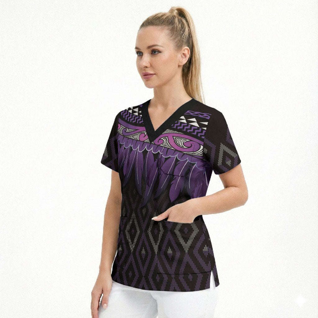 Aotearoa Maori Ngati Porou Iwi Scrub Top Korowai Tukutuku Kaokao Motifs LT7 - Polynesian Pride