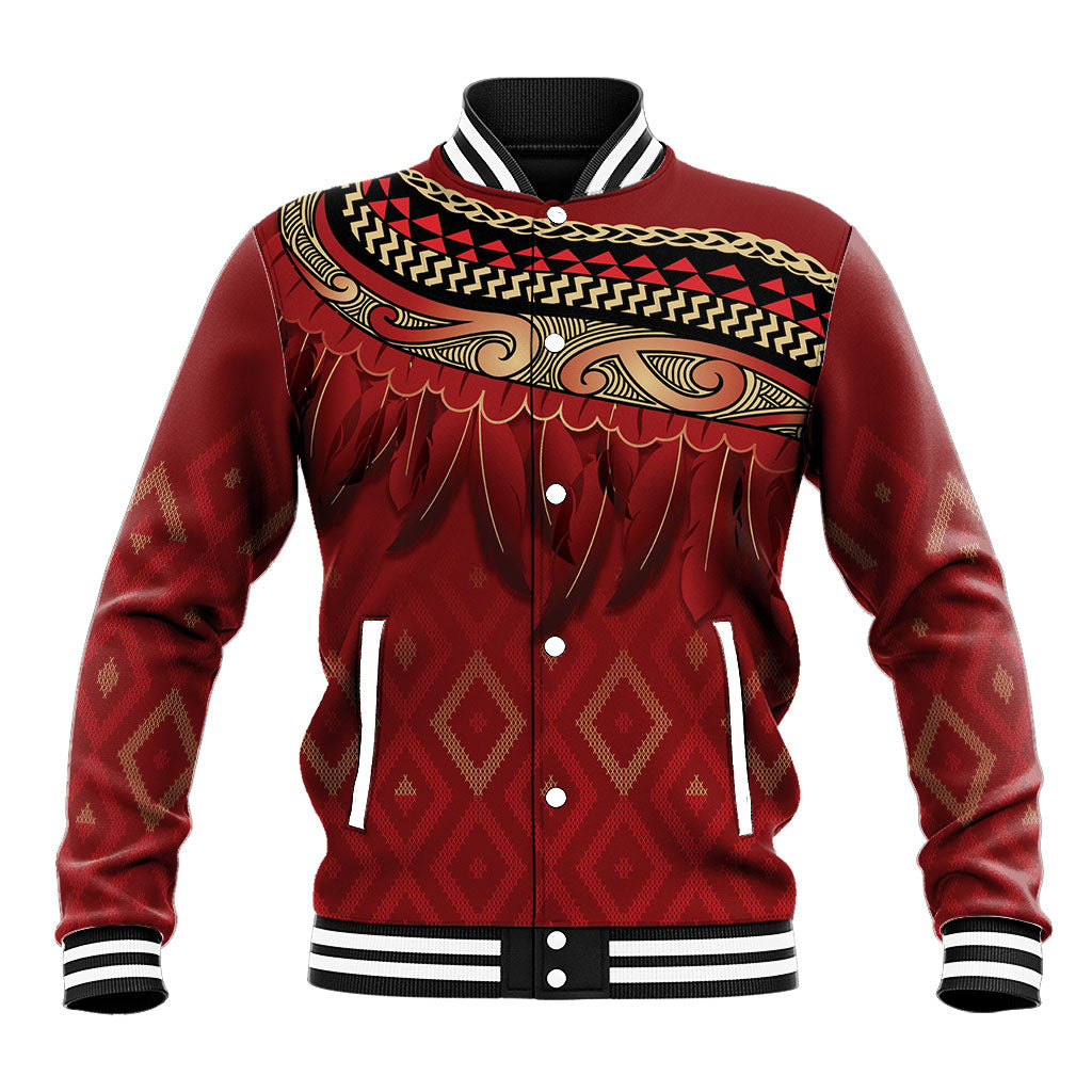 Aotearoa Maori Waikato Tainui Iwi Baseball Jacket Korowai Tukutuku Kaokao Motifs LT7 Unisex Red - Polynesian Pride